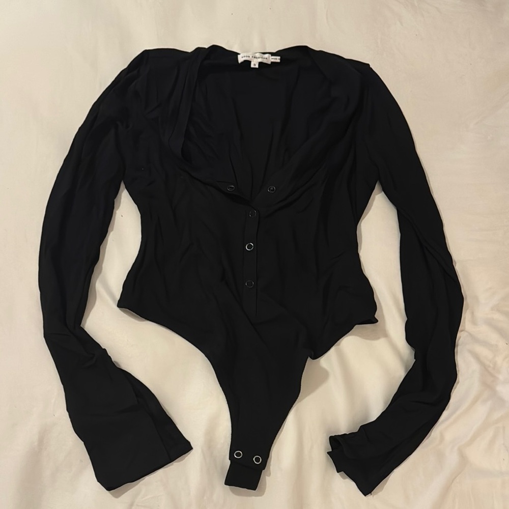 Black Long Sleeve Fitted Bodysuit with Notched Collar